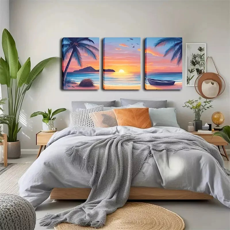 3pcs  Sunset, A Boat On The Beach Wall Art Set Canvas Framed 40x60cm - High Quality Print 100% Australian Made Wall Canvas Ready to Hang