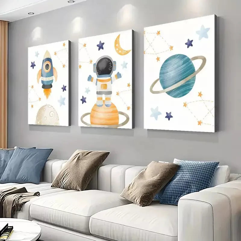 3pcs Cartoon Astronaut and Planets Canvas Framed 40x60cm - High Quality Print 100% Australian Made Wall Canvas Ready to Hang