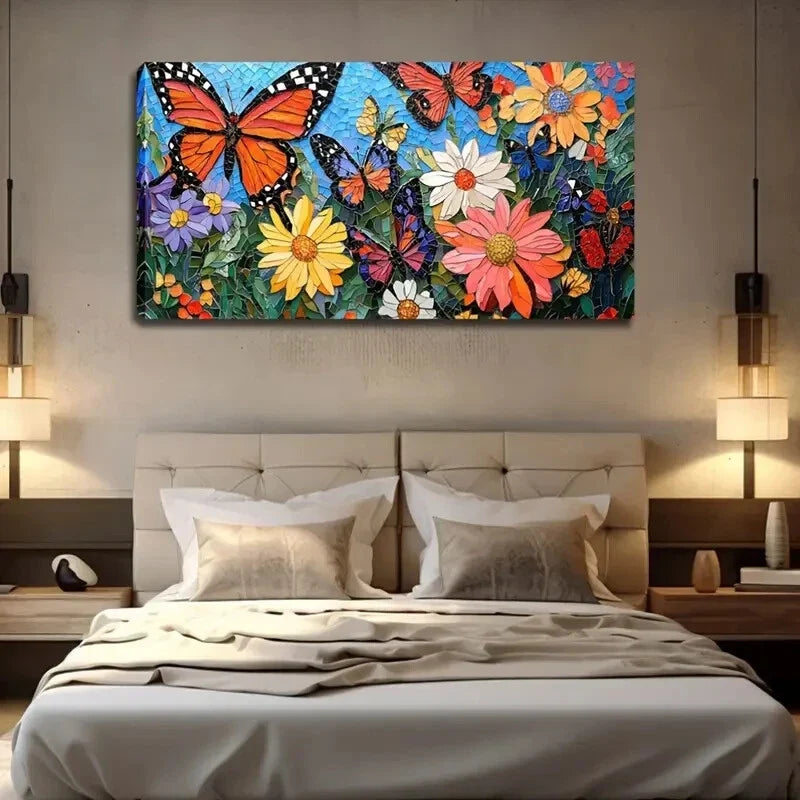 Colorful Flowers & Butterflies Wall Art Canvas Office Home Room Framed 120x60cm