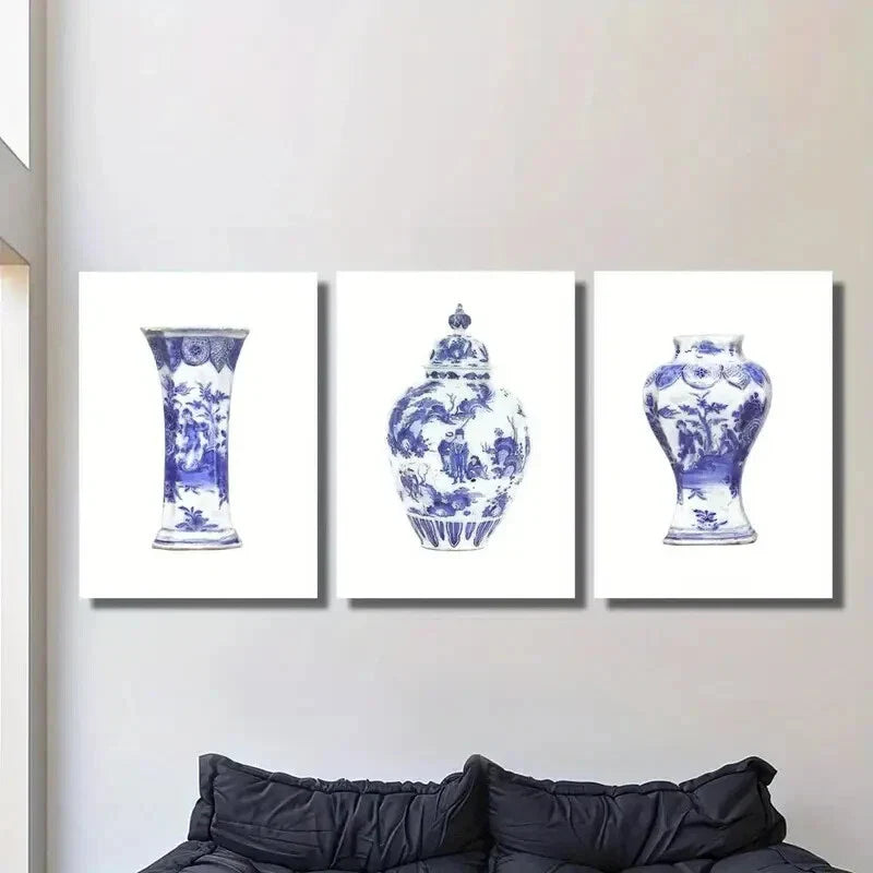 3pcs Elegant Chinese-Style Vase Designs Metal Print Ready to Hang Art