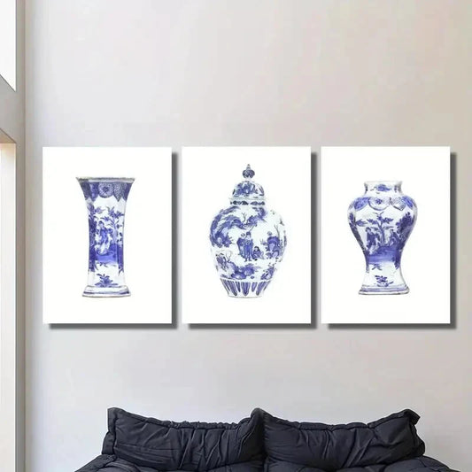 3pcs Elegant Chinese-Style Vase Designs Metal Print Ready to Hang Art