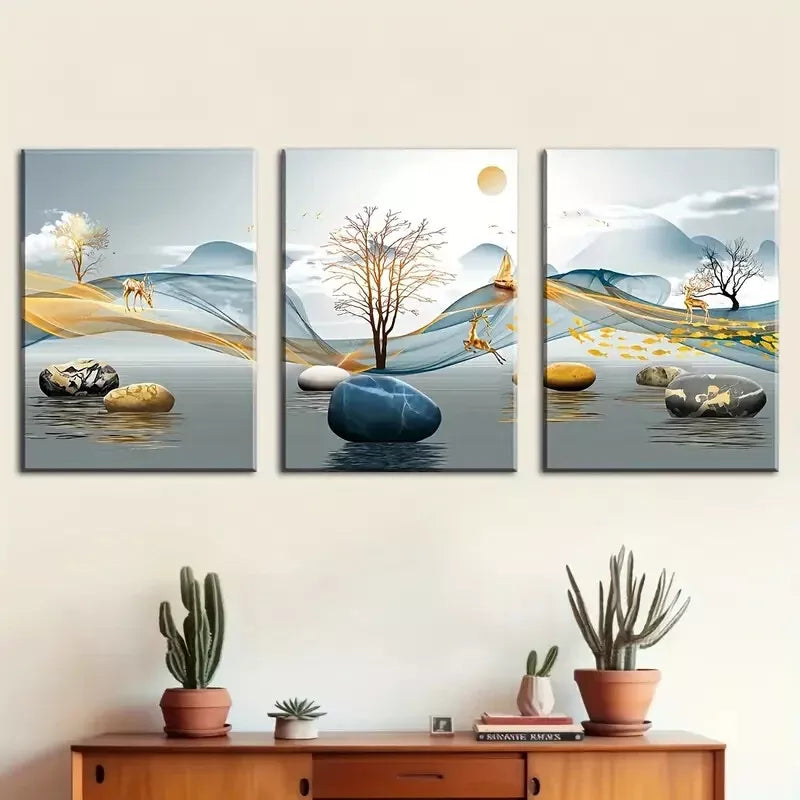 3pcs Simple elk light abstract geometric  Wall Art Set Canvas Framed 40x60cm - High Quality Print 100% Australian Made Wall Canvas Ready to Hang