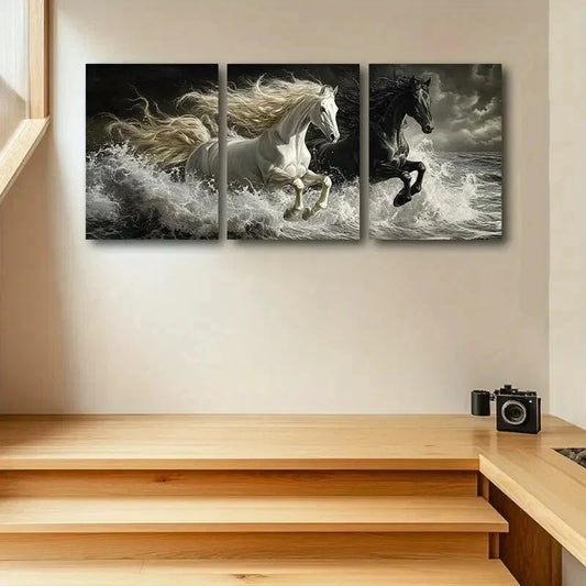 3pcs Dynamic Horse Racing Scene with Stormy Sky Metal Print Ready to Hang Art