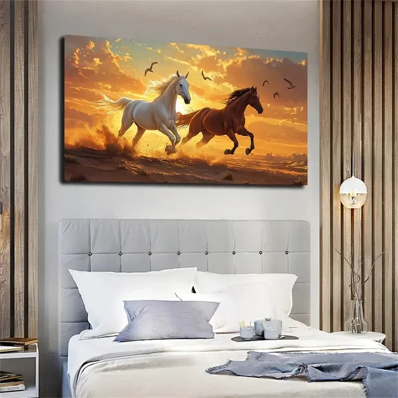 White Horses Galloping In Warm Wall Art canvas office home room framed 120x60cm