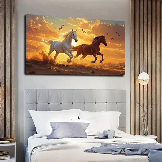White Horses Galloping In Warm Wall Art canvas office home room framed 120x60cm