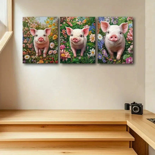 3pcs Pink Pig with Vibrant Floral Background Metal Print Ready to Hang Art