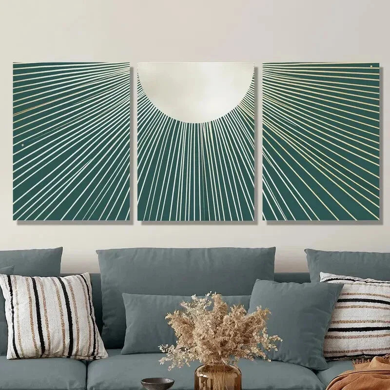 3pcs Abstract Teal Lines, Metal Print Ready to Hang Art