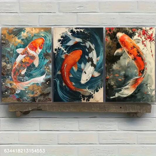 3pcs Vibrant Koi Fish Pond Contemporary Scenes Metal Print Ready to Hang Art