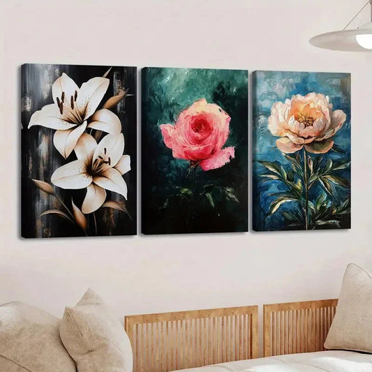 3pcs Florals Lily Rose Black Green & Blue Leaves Wall Art Set Canvas Framed 40x60cm - High Quality Print 100% Australian Made Wall Canvas Ready to Hang