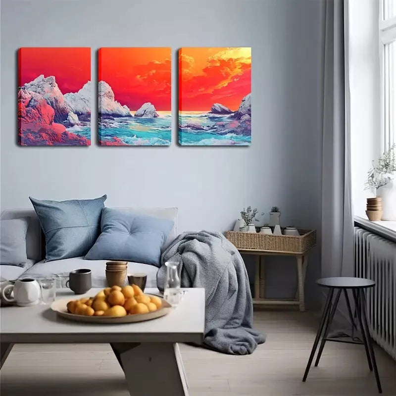 3pcs Vibrant Sunset Coastal Landscape Wall Art Set Canvas Framed 40x60cm - High Quality Print 100% Australian Made Wall Canvas Ready to Hang