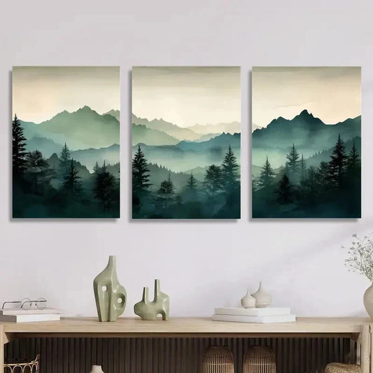 3pcs Abstract Watercolor Green Mountain Landscape Metal Print Ready to Hang Art
