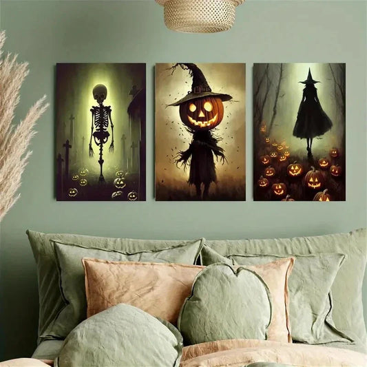 3pcs Spooky Witch, Scarecrow & Skeleton Metal Print Ready to Hang Art