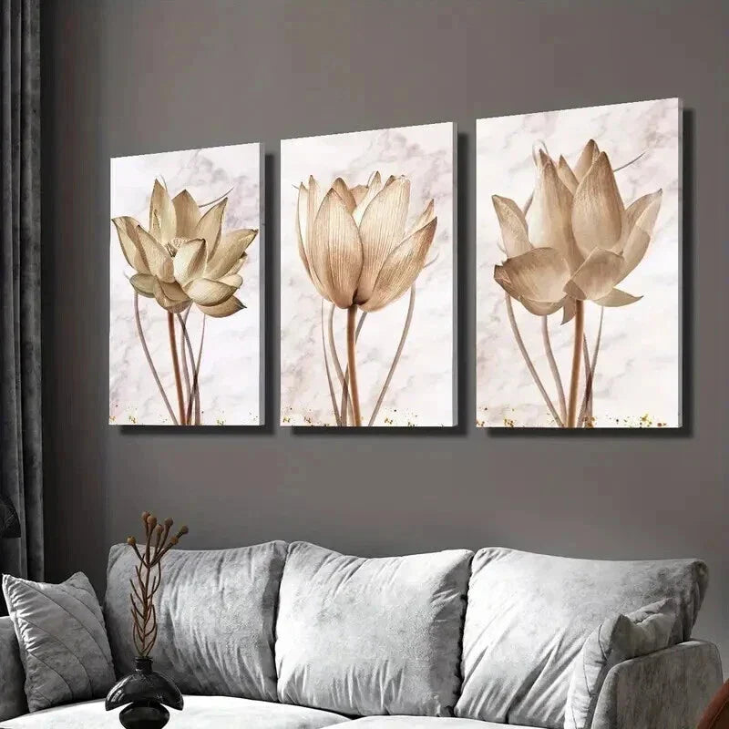 3pcs Golden Lotus Close Up Decorative Wall Art Set Canvas Framed 40x60cm - High Quality Print 100% Australian Made Wall Canvas Ready to Hang