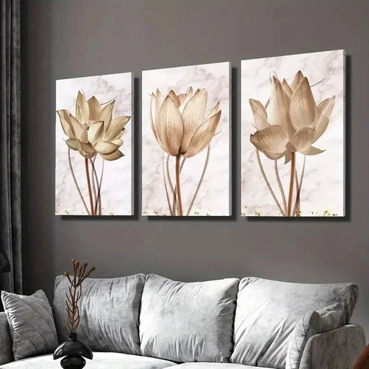 3pcs Golden Lotus Close Up Decorative Wall Art Set Canvas Framed 40x60cm - High Quality Print 100% Australian Made Wall Canvas Ready to Hang