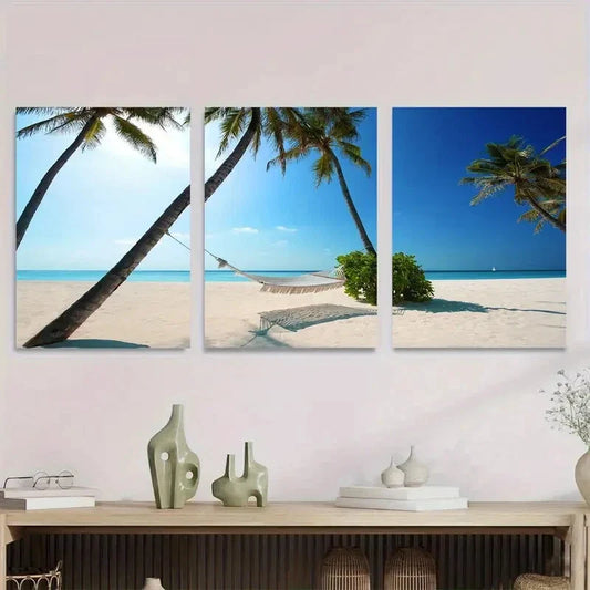 3pcs Tropical Beach Scene Paradise with Hammock Metal Print Ready to Hang Art