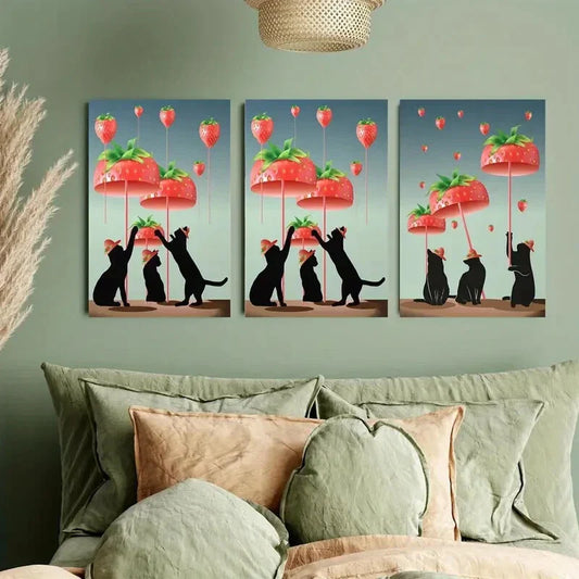 3pcs Whimsical Black Cats & Ripe Strawberries Metal Print Ready to Hang Art