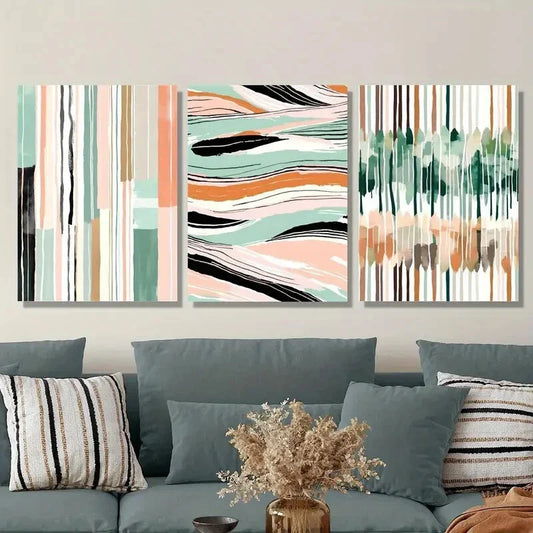 3pcs  Colorful Striped Green & Pink Prints  Metal Print Ready to Hang Art