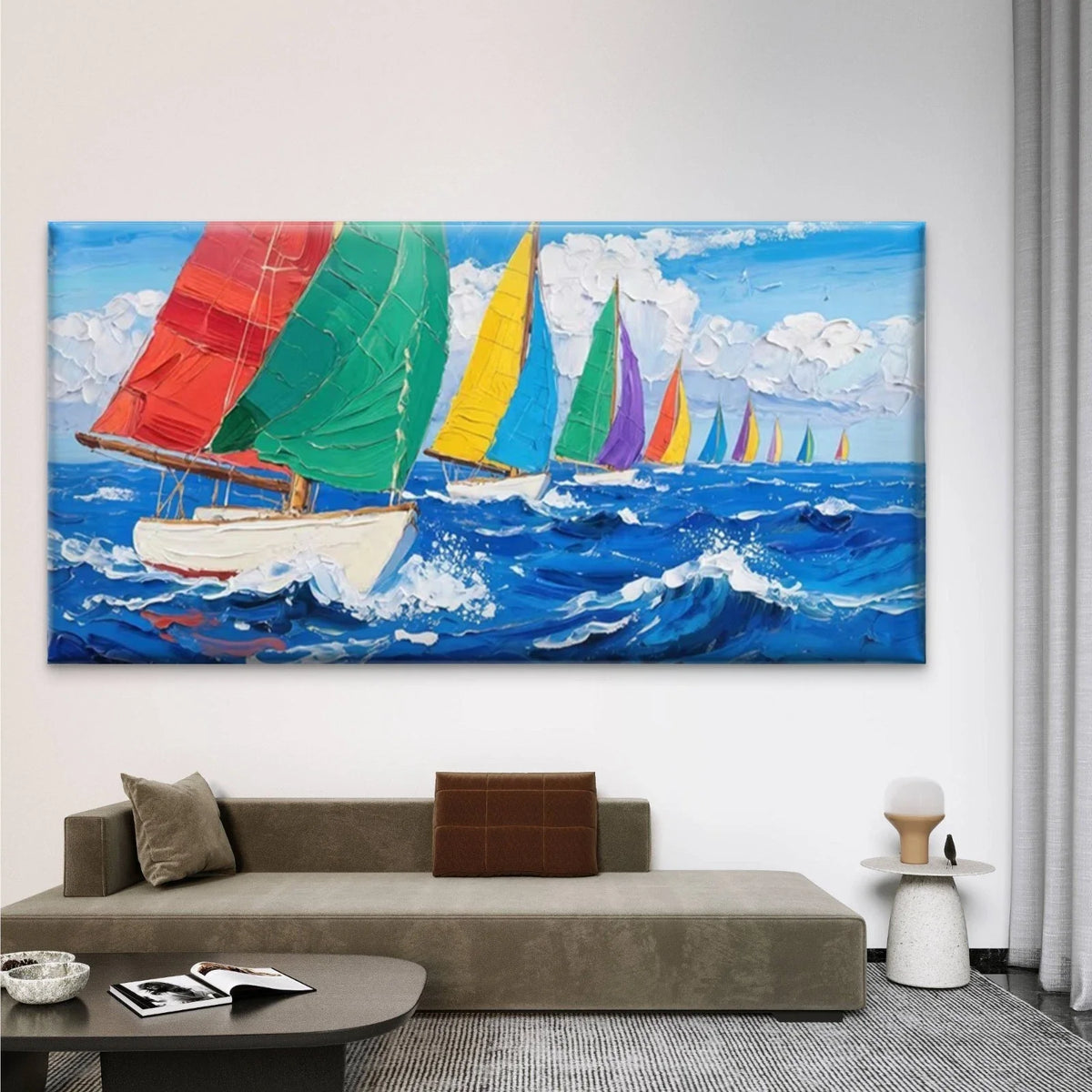 Nautical Sailboats Ocean Waves Wall Art Canvas Office Home Room Framed 80x45cm