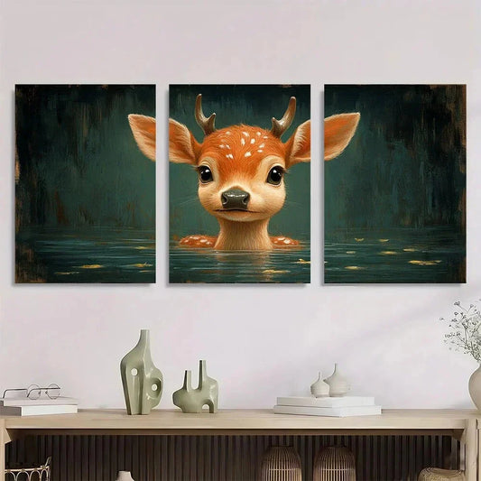 3pcs Humorous Animal Deer Illustrations Metal Print Ready to Hang Art
