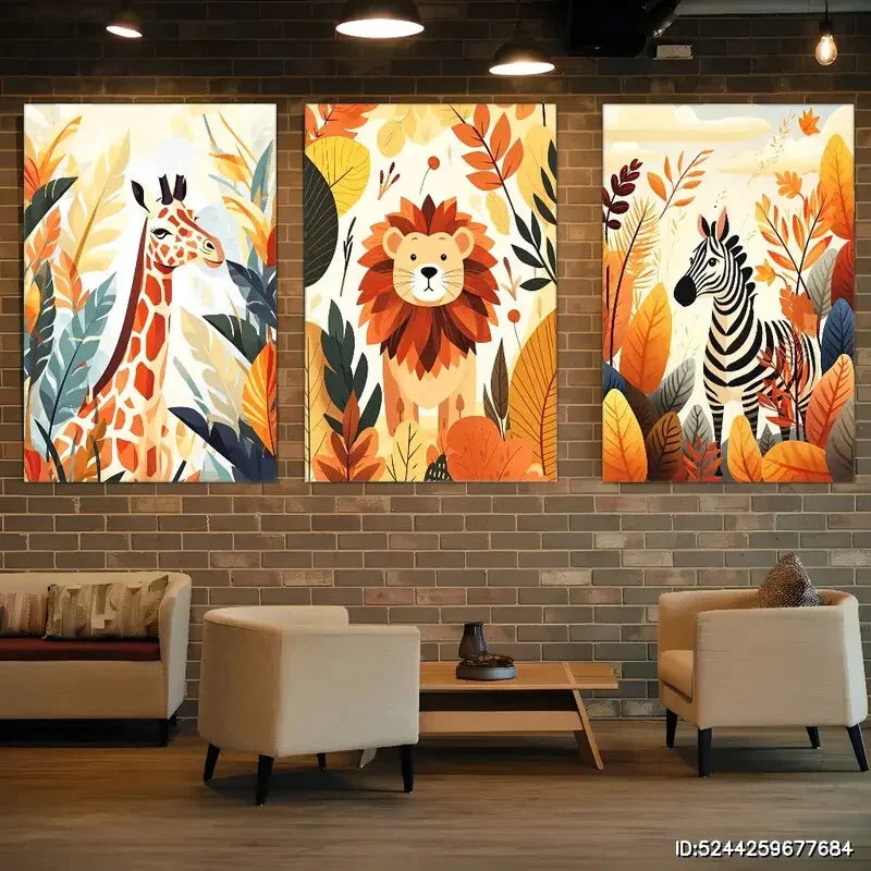 3pcs Safari Autumn Adventure Lion Giraffe Zebra Metal Print Ready to Hang Art