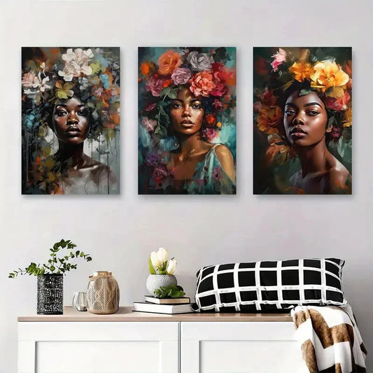 3pcs Vibrant Floral Headdress Portraits Metal Print Ready to Hang Art