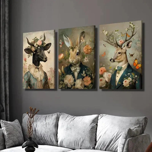 3pcs  2D Victorian Animal Portraits, Animal   Wall Art Set Canvas Framed 40x60cm - High Quality Print 100% Australian Made Wall Canvas Ready to Hang