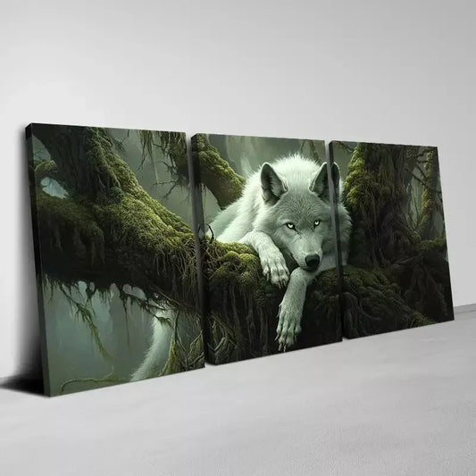 3pcs White Wolf with Lush Green Foliage Wall Art Set Canvas  Framed 40x60cm - High Quality Print 100% Australian Made Wall Canvas Ready to Hang