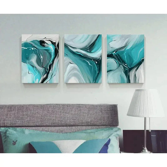 3pcs Painting Abstract Teal Metal Print Ready to Hang Art
