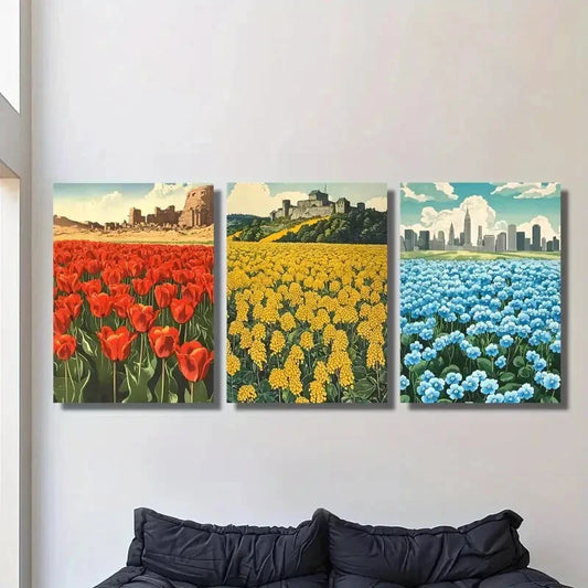 3pcs  botanical flower field with red, yellow ,Metal Print Ready to Hang Art