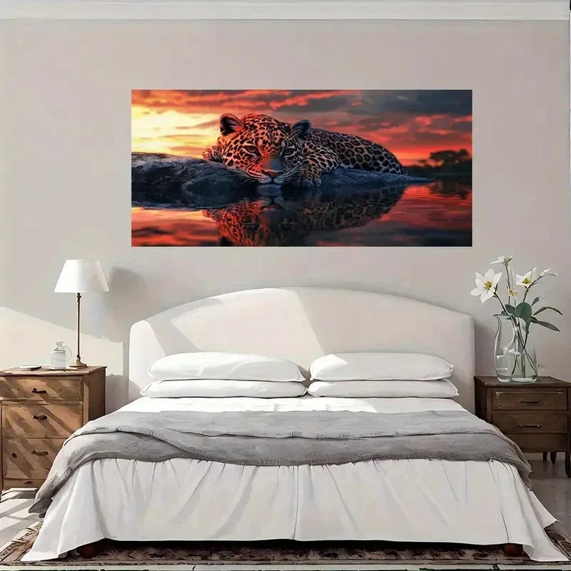 Leopard Sunset Reflection Wall Art Canvas Office Home Room Framed 120x60cm