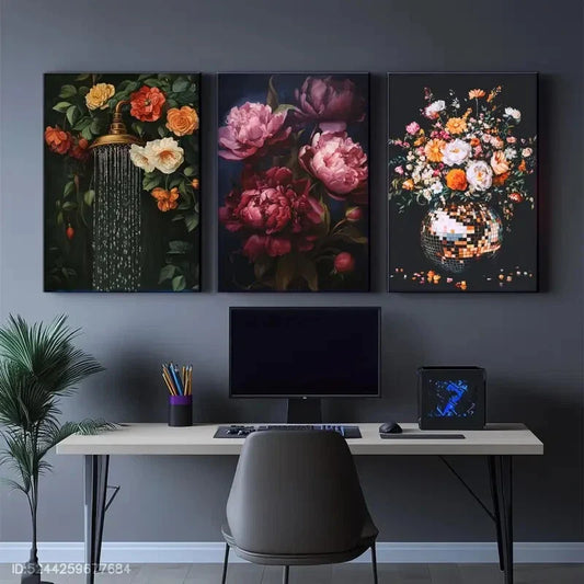 3pcs Dark Floral Vibrant Roses & Waterfall Design Metal Print Ready to Hang Art