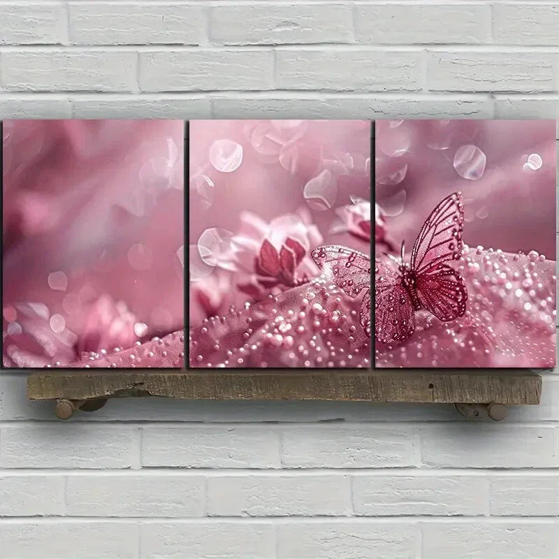 3pcs Pink Bubbles Modern Butterfly Metal Print Ready to Hang Art