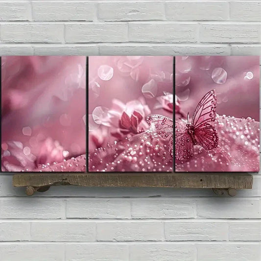 3pcs Pink Bubbles Modern Butterfly Metal Print Ready to Hang Art