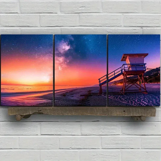 3pcs Beach View Wooden Home Sunset Metal Print Ready to Hang Art