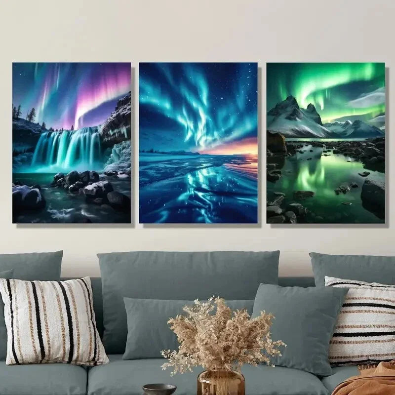 3pcs Winter Waterfall in Iceland And Enchanting Metal Print Ready to Hang Art