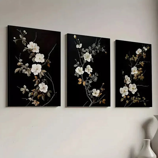 3pcs Modern Dark Simple Style Natural Flower Wall Art Set Canvas Framed 40x60cm - High Quality Print 100% Australian Made Wall Canvas Ready to Hang