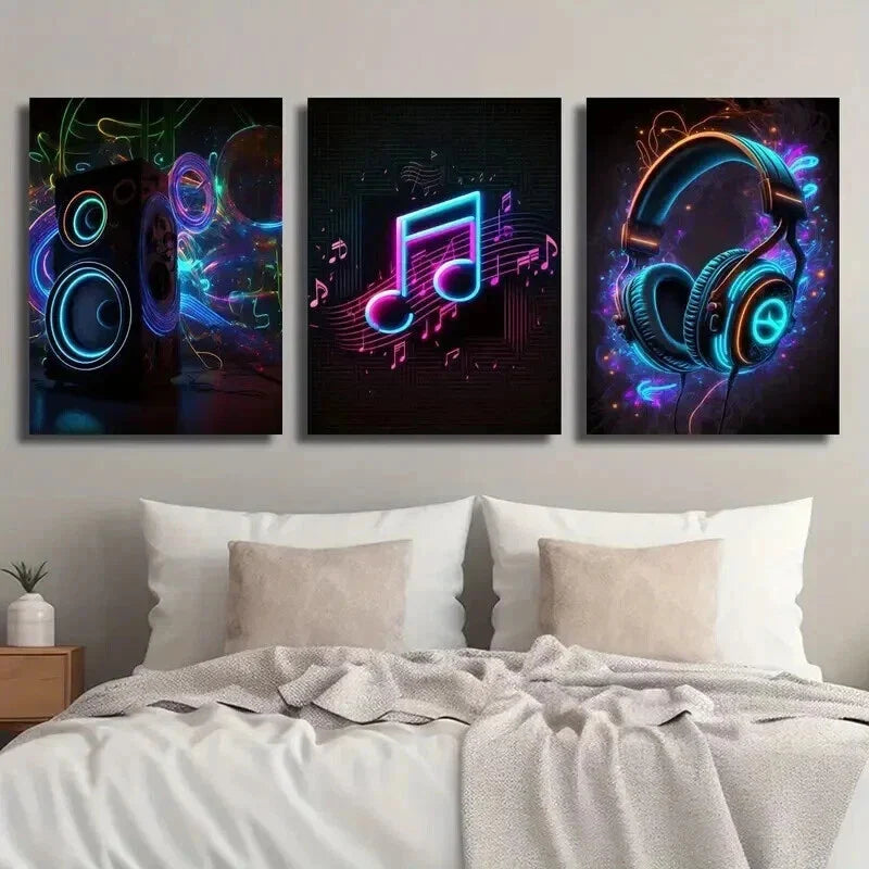 3pcs Neon Creative Audio Headphones Note Wall Art Set Canvas Framed 40x60cm - High Quality Print 100% Australian Made Wall Canvas Ready to Hang