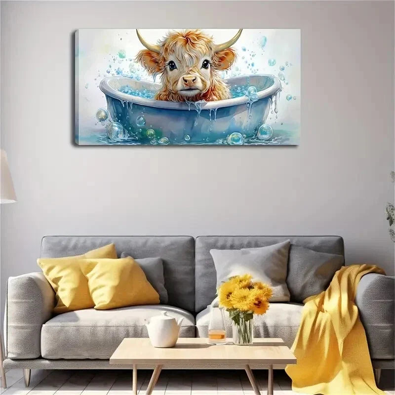 Highland Cow Calf Bubble Bath Wall Art Canvas Office Home Room Framed 80x45cm