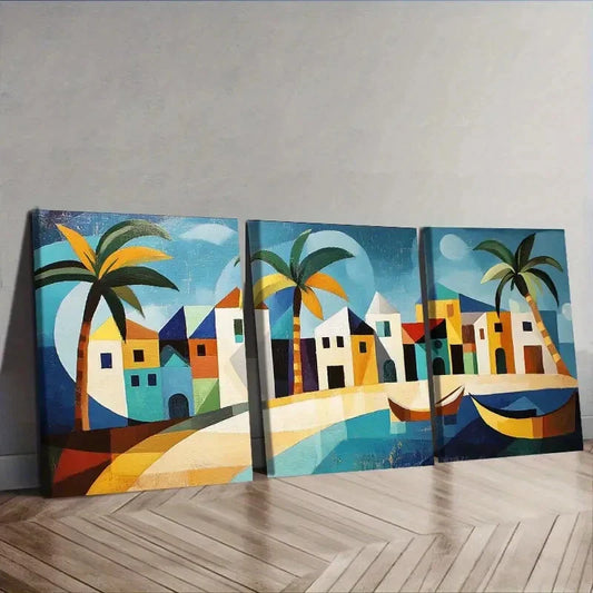 3pcs Caribbean houses and boats Painting  Wall Art Set Canvas Framed 40x60cm - High Quality Print 100% Australian Made Wall Canvas Ready to Hang