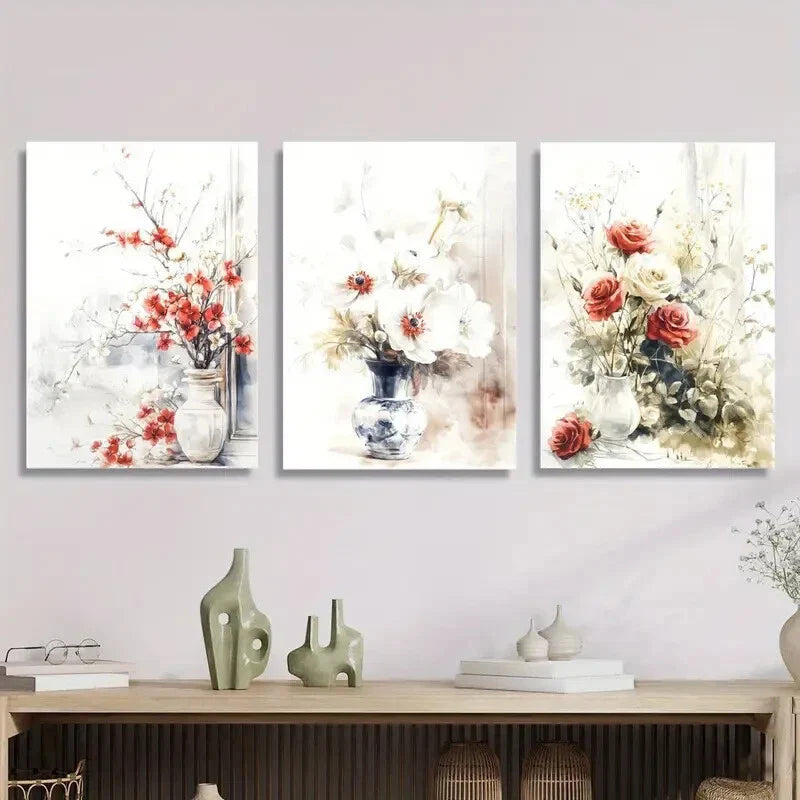 3pcs  plant and flower illustration in vase, Metal Print Ready to Hang Art