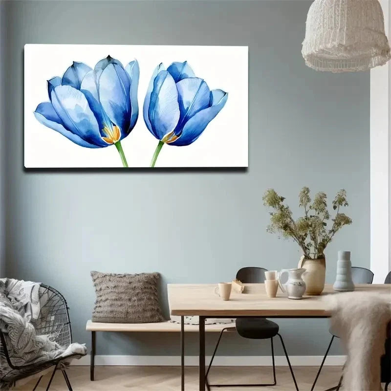 Two Poppies Blue Poppies Wall Art Canvas Office Home Room Framed 80x45cm