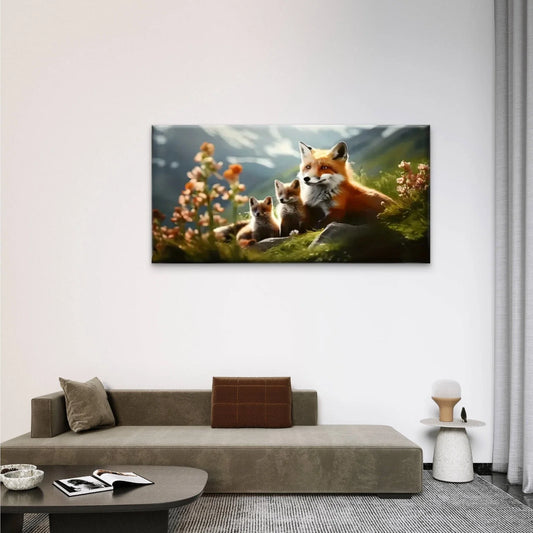 Fox Cubs Nature Cute Wall Art Canvas Office Home Room Framed 80x45cm