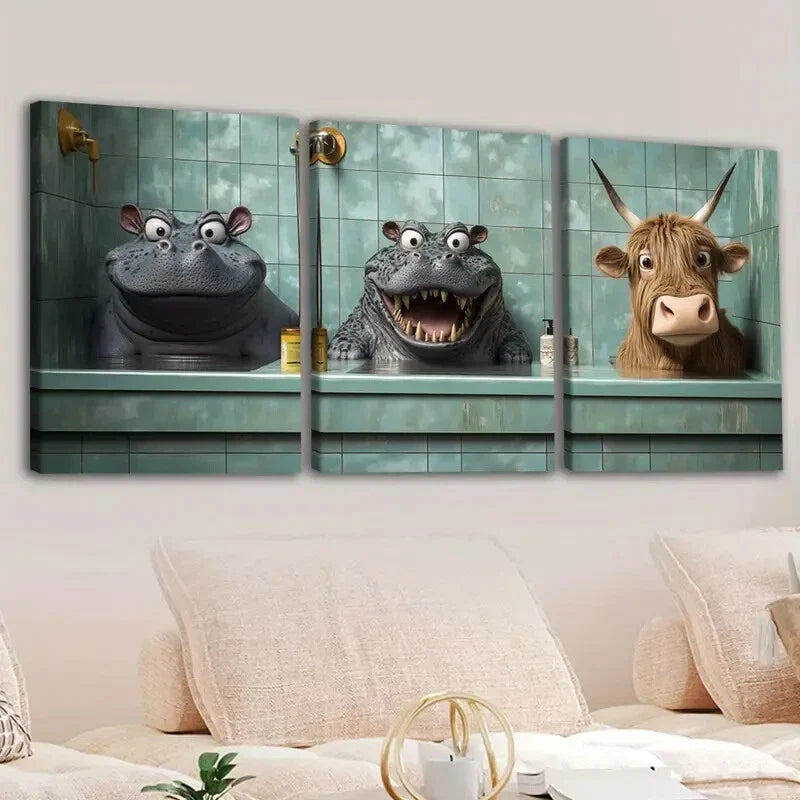 3pcs Fashion Animals Hippopotamus Cow Crocodile Wall Art Set Canvas Framed 40x60cm - High Quality Print 100% Australian Made Wall Canvas Ready to Hang