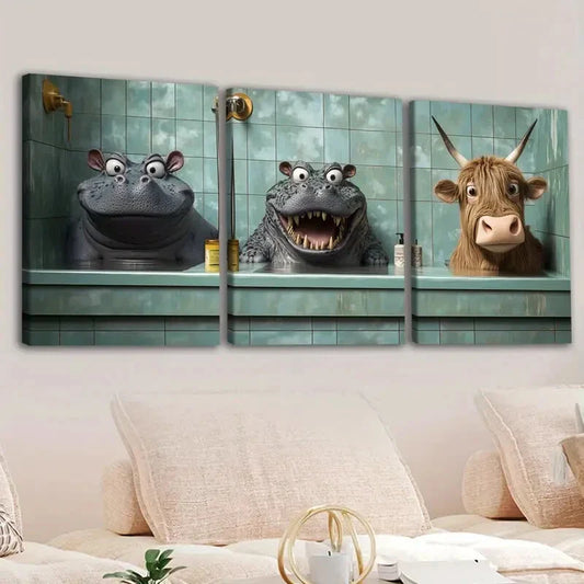 3pcs Fashion Animals Hippopotamus Cow Crocodile Wall Art Set Canvas Framed 40x60cm - High Quality Print 100% Australian Made Wall Canvas Ready to Hang
