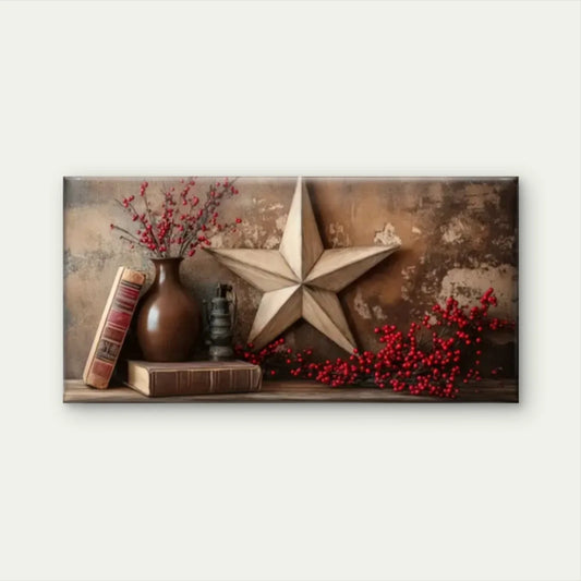 Rustic Star Vase Red Floral Wall Art Canvas Office Home Room Framed 80x45cm