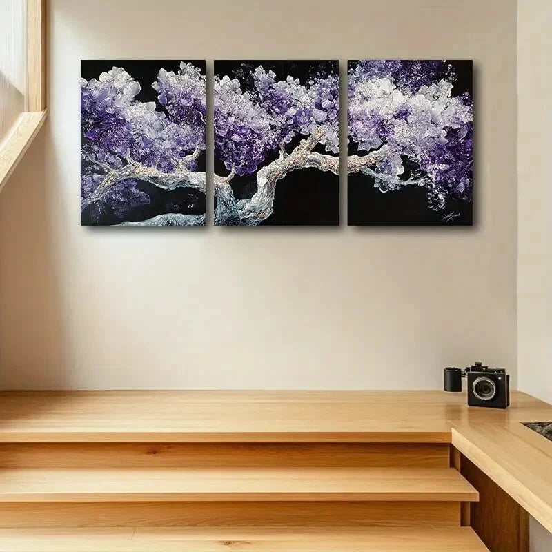 3pcs Purple and White Tree with Black Background Metal Print Ready to Hang Art