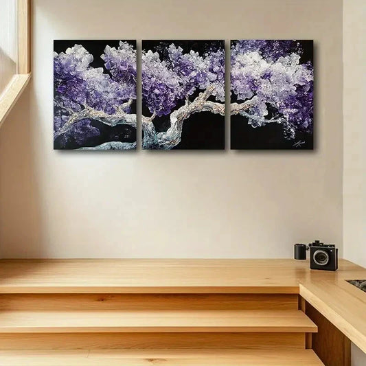 3pcs Purple and White Tree with Black Background Metal Print Ready to Hang Art