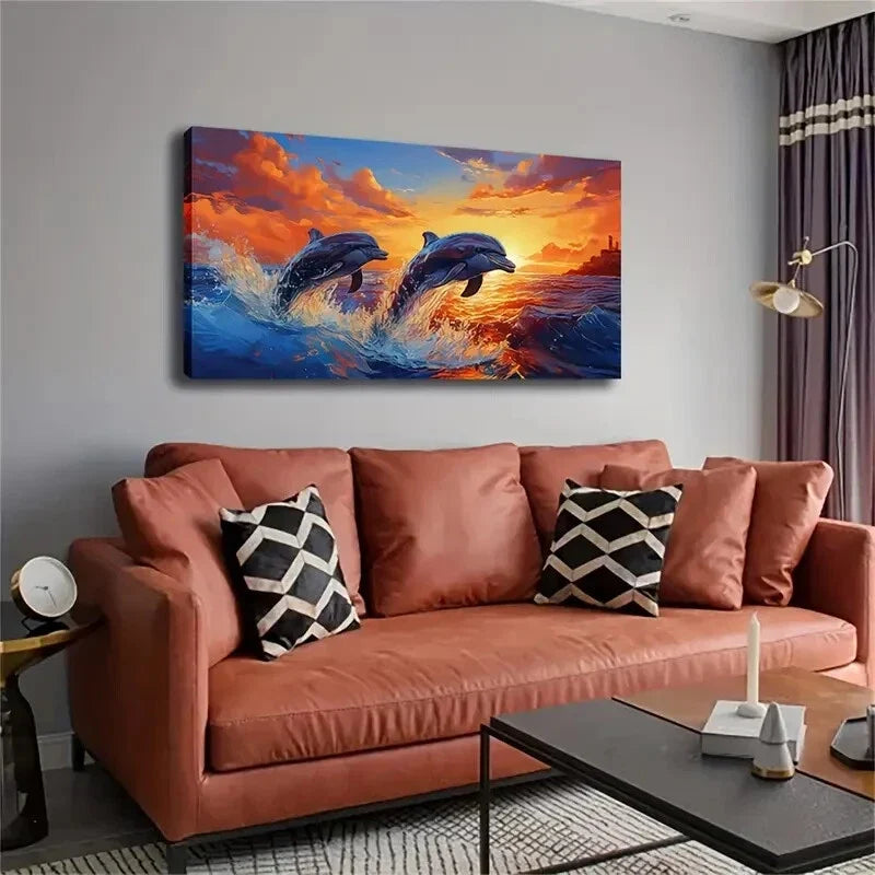 Dolphins Leaping Out of Ocean Wall Art Canvas Office Home Room Framed 120x60cm