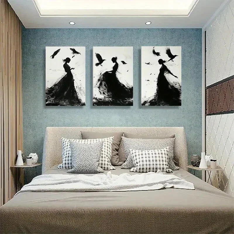 3pcs Silhouettes with Birds and Flowing Perfect Wall Art Set Canvas Framed 40x60cm - High Quality Print 100% Australian Made Wall Canvas Ready to Hang