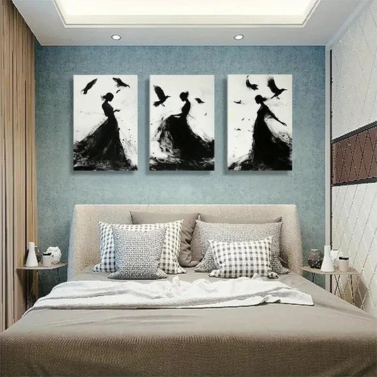 3pcs Silhouettes with Birds and Flowing Perfect Wall Art Set Canvas Framed 40x60cm - High Quality Print 100% Australian Made Wall Canvas Ready to Hang